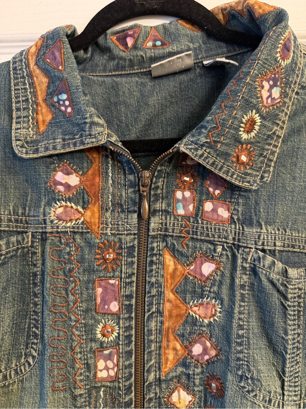 Vintage Chico's Embroidered Southwestern Denim Jacket Zip